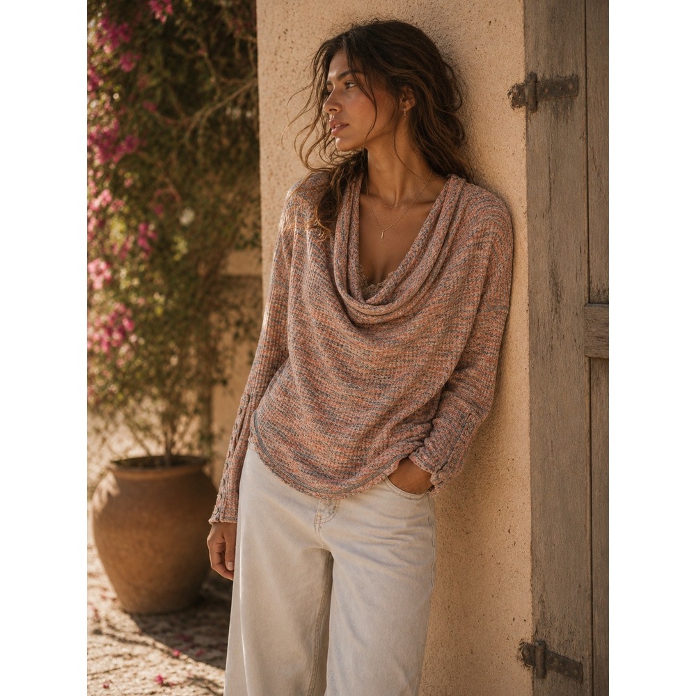 Free People South Side Thermal Cowl Neck Space Dye Waffle Knit Top XS Boho